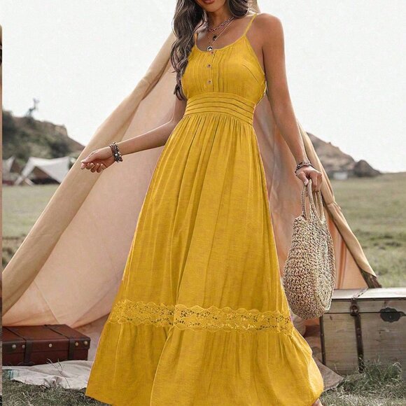 Yellow Boho Women's Lace Decorated Cami Maxi Dress - Picture 3 of 5